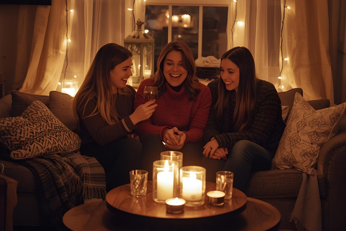 Three women sitting on a couch in a cozy room with candles and string lights.