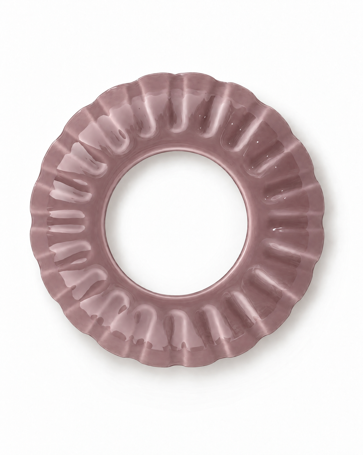 Dusty rose colored porcelain candle topper with ridged edges and an open center, shown from directly above on a white background.