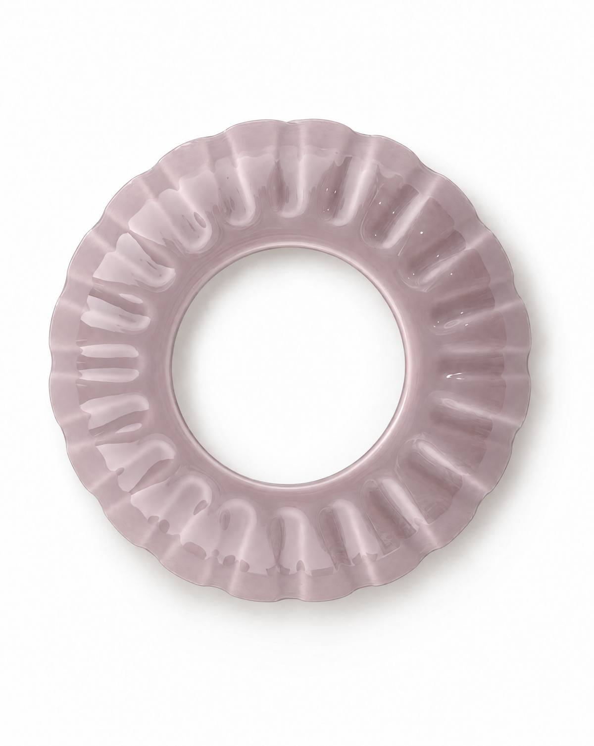 Cool lilac colored porcelain candle topper with ridged edges and an open center, shown from directly above on a white background.