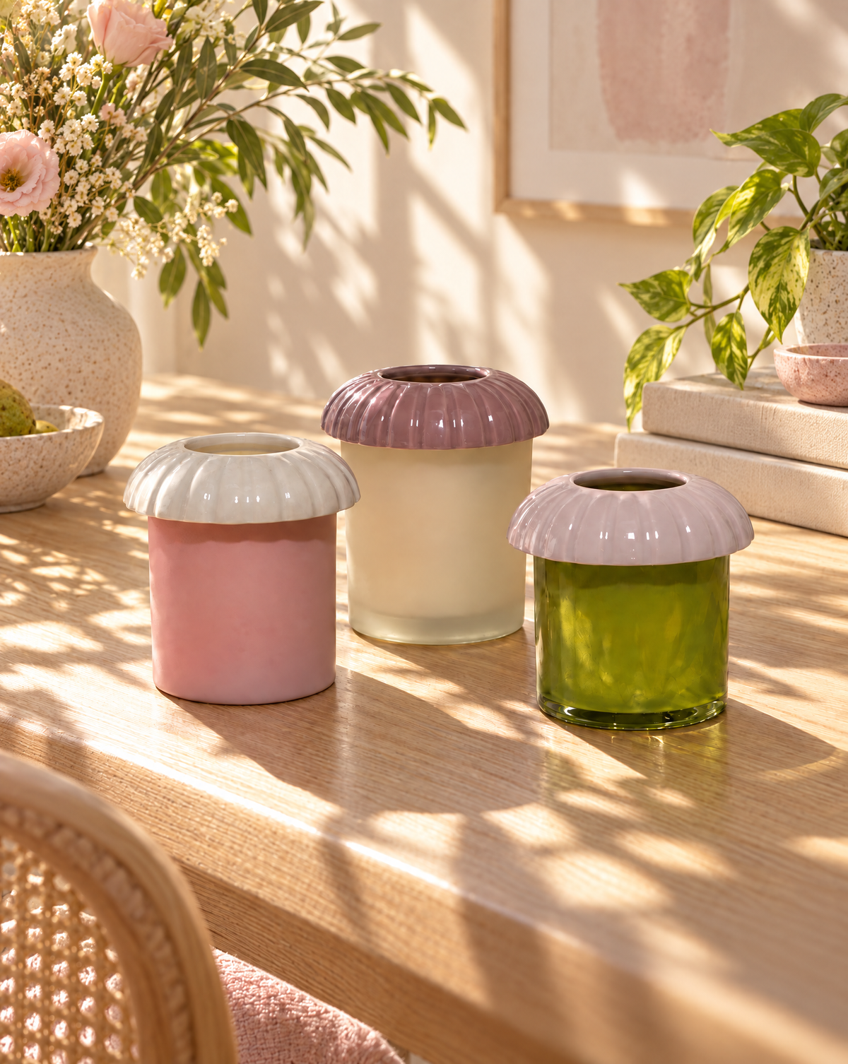Three porcelain candle toppers with ridged edges resting on jar candles, arranged on a wooden table in a sunlit room.
